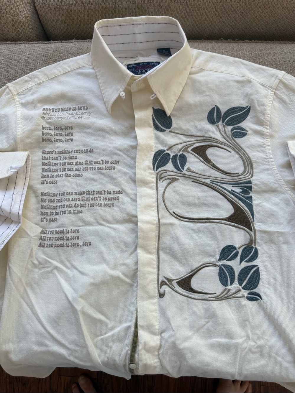 English Laundry Cream Button-Down Shirt with Gray-Blue and Brown Embroidery